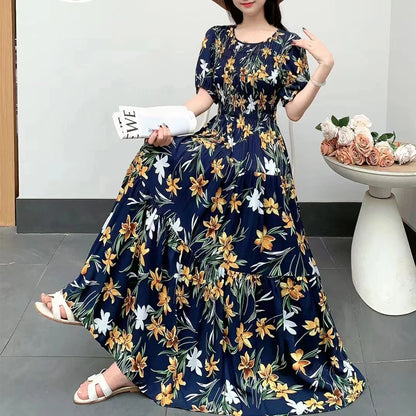 Summer New Cotton Silk Dr Casual High Waist Floral Print Beachwear Outerwear Slimming Waist Long Skirt A-Line Gown