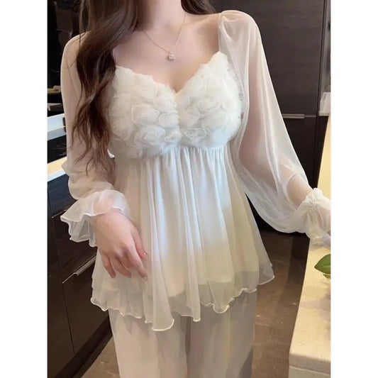 New Hot Luxury Elegant Long Sleeve Pajamas Set With Padded Bra Mesh Plus Size Women For Home Spring Autumn Summer Loungewear