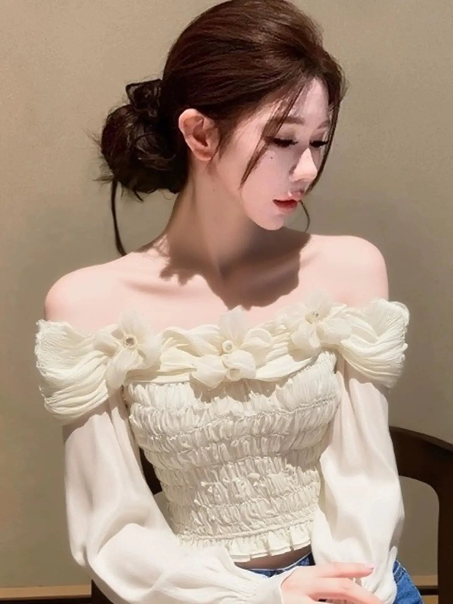 Unique Beautiful Lace Long Sve oulder Bared Chiffon Blouse Women Early Spring Faionable Bellflower irt Organic Bambo...