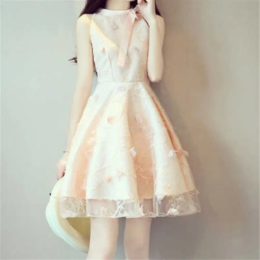 Elegant Floral Jacquard Embroidery Party Dress New Summer Women Tie Bow Mesh Dress Lady High Waist Short Sleeveless Tank Dresses