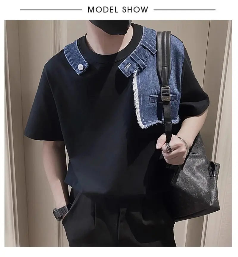 Men Trendy Vintage Denim Patchwork Design Tees Summer Short Sleeve Luxury Chic T Shirt Casual Round Neck Loose Tops Ropa Hombre  ( Available )