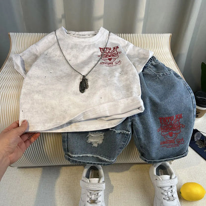 Hot Sale Fashion Baby Boy Suit Summer Clothes Short Sleeve T-shirt Short Jeans 2 Piece Set Kids Outfit Children's Costume