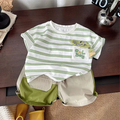 Summer Children Clothes Boys Girls Short-sleeved Striped T-shirt +Shorts 2Pcs Set Babies Fashion Round Neck Outfits Kids Suits