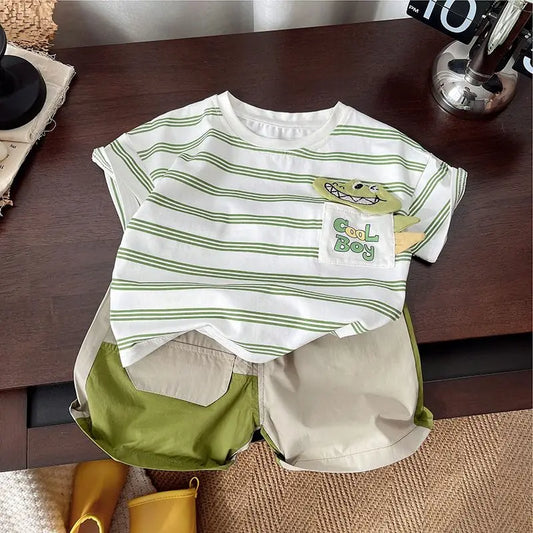 Summer Children Clothes Boys Girls Short-sleeved Striped T-shirt +Shorts 2Pcs Set Babies Fashion Round Neck Outfits Kids Suits