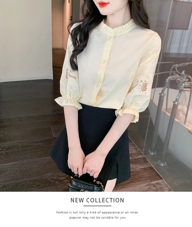 Ele Embroidered ort Sve irt Women's Summer New Design Korean Sle Commute Lantern Sve White irt for Ladies