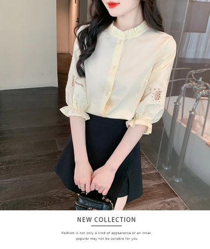 Ele Embroidered ort Sve irt Women's Summer New Design Korean Sle Commute Lantern Sve White irt for Ladies