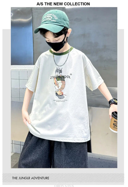 Summer Tees Tops for Teen Boy Cotton T-Shirt New Short Sleeve Fashion Cartoon Tshirts for Children Korea Kids Luxury Clothes