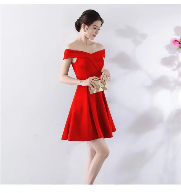 Ele ort aduation Host Dr One oulder Slimming A-Line Skirt Sweet Evening Gown Polyester Fiber Zipper Waist