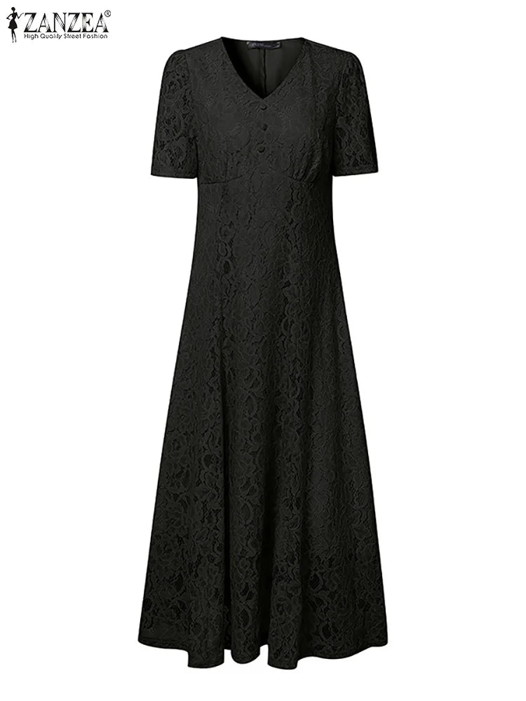 ZANZEA Women Summer Lace Patchwork Dresses 2026 Elegant Party Dress Stylish V Neck Short Sleeve Office Sundress A Line Midi Robe