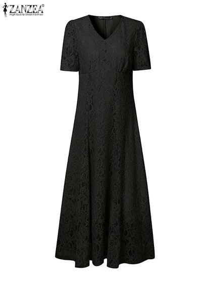ZANZEA Women Summer Lace Patchwork Dresses 2026 Elegant Party Dress Stylish V Neck Short Sleeve Office Sundress A Line Midi Robe