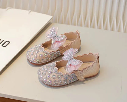 Girls Crystal Princess Footwear Comfortable Flat Sole Leather Shoes for Kids Glittering Rhinestone Design