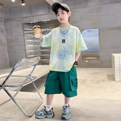 Hip Hop Children Cotton Solid Sportswear Kid Boys Clothing Set Boys Summer Suit Teen Boys Short Sleeve + Pants 2piece  loose