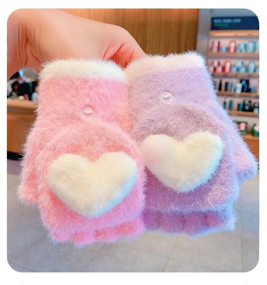 Winter Plush Knitted Cartoon Rabbit Flexible Flip-top Gloves Thicken Warm Cute Gloves For Baby Girls Half Finger Children Gloves