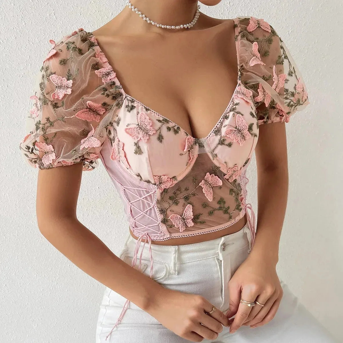 Women Summer Sexy Mesh Flower Embroidery Design Puff Sleeve Fishbone Corset Ins Style Slim-fit Sweet Spice Girl Short Crop Tops