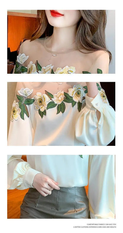 Fashion Women's Blouse Shirt Patchwork Long Sleeve Mesh Perspective Embroidered Flowers Chiffon Shirt Sexy Apricot Floral Shirt