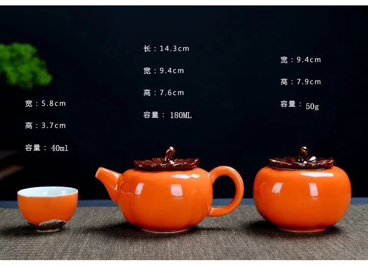 Chinese Travel Kung Fu Ceramic Tea Set 1 Teapot 4 Teacups Tea Ceremony Portable Persimmon Shape Teapot Exquisite Gift Box