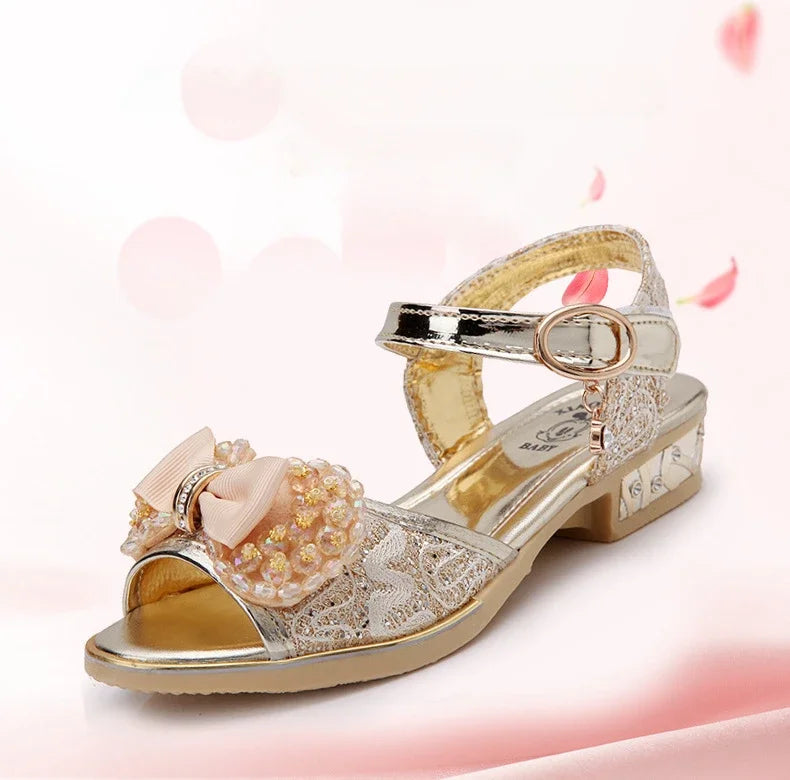 Girls Princess Shoes Summer Children High Heels Open-toe Party Wedding Toddlers Sandals Non-slip Kids Causal Sequins Beach Shoes