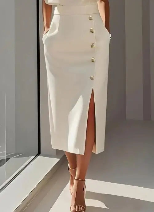 Women's Elegant High Waist Dresses 2025 Autumn New Fashion Temperament Solid Color Round Neck Button Decor Slit Dress for Women