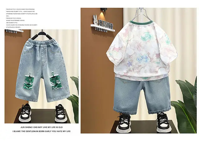 New Children's Printed Thin T-shirt+ hole Denim Shorts Teenager Boys Summer Fashion outfits