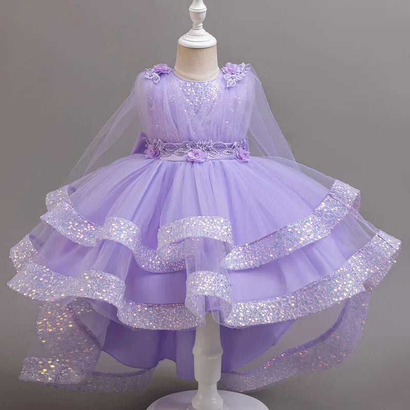 New girl party dress elegant flower girl trailing dress sequined chiffon Easter girls' clothing 3-10 years old holiday dress