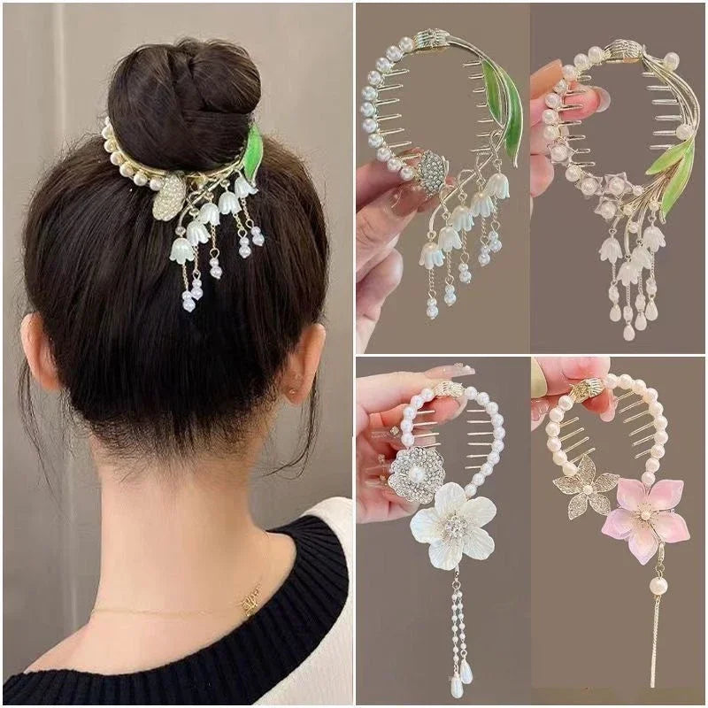 Ladies Butterfly Rhinestone Pearl Metal Hair Claw Round Bun Ponytail Holder (Available)