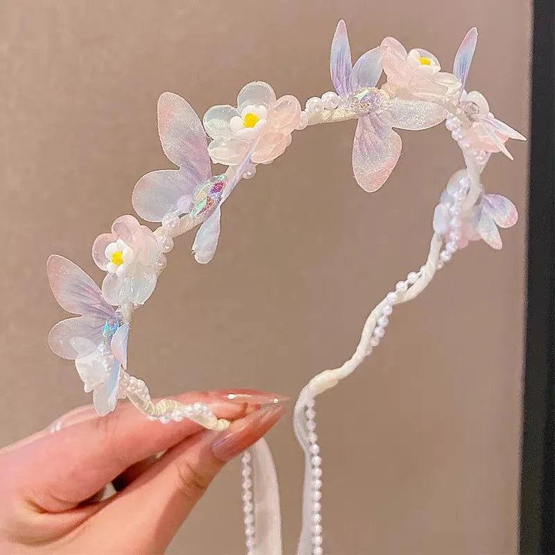 Sweet Wreath Ribbon Hair Hoops for Girl Cute Flower Butterfly Fairy Headdress Princess Braided Hair Bands