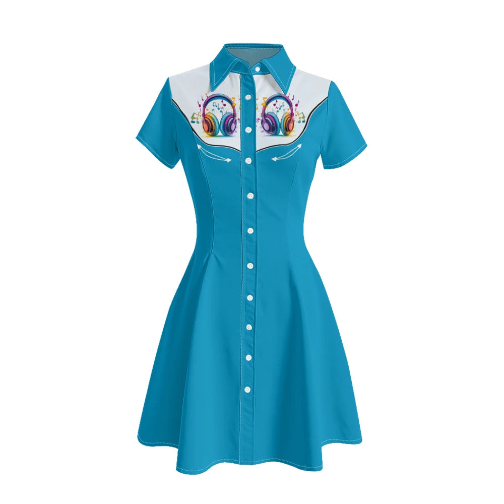 Women's Western Shirt Dress with Music Notes and Dolphin Print Cowboy Collar Button Up Pure Cotton Midi Dress Casual Boho Style