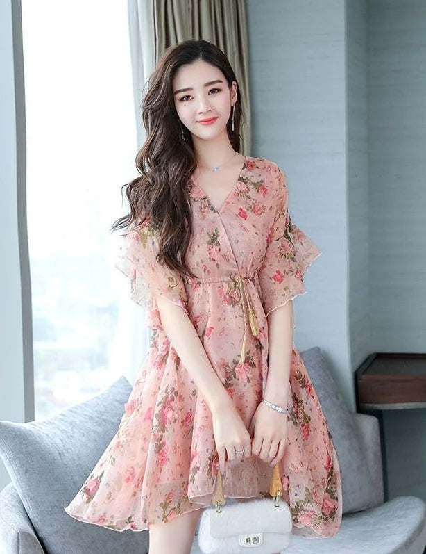 Chiffon Floral V-neck Ruffle Woman Dress Promotion Elegant and Pretty Korean Style Fashion Summer 2025 Chic Dresses for Women