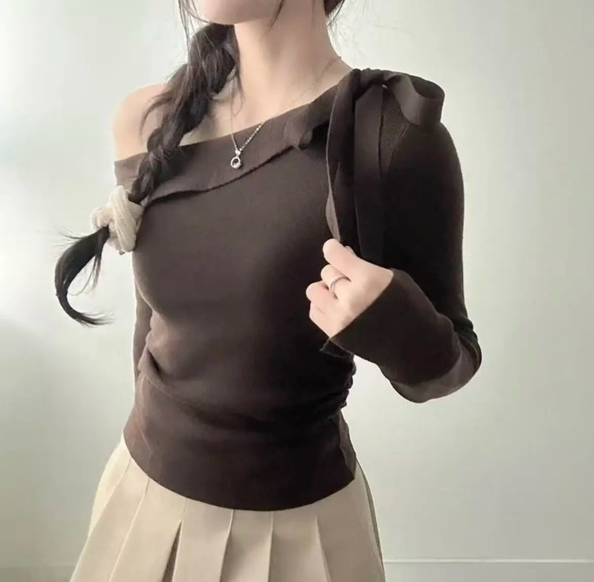 Women's Knitted Sweater Chic oulder Bow Design Long Sve Sweet Inner Wear Base irt Korean Sle Faionable Top
