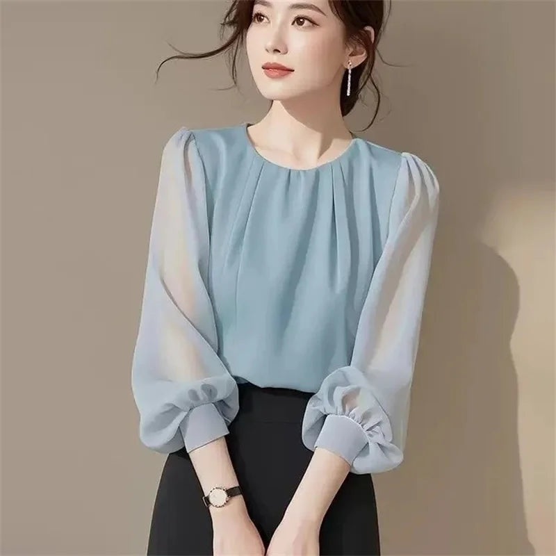 Autumn Winter Ladies Solid Color Blouse Jacket 2025 Female Long Sleeves Tops Coat Korean Women Fashion Round Neck Chiffon Shirt