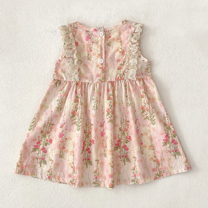 Girls Flower Dress Summer Retro Flying Sleeve Princess Dresses Children Casual Clothes 2-6Yrs Kids Pink Flower Bow Party Dress