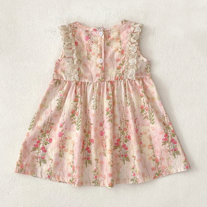 Girls Flower Dress Summer Retro Flying Sleeve Princess Dresses Children Casual Clothes 2-6Yrs Kids Pink Flower Bow Party Dress