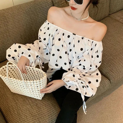 JOEVILU Polka Dot Shirt Off Shoulder Bubble Sleeve Tops Women's White Loose Simple Top French Casual Blouse In Spring and Summer