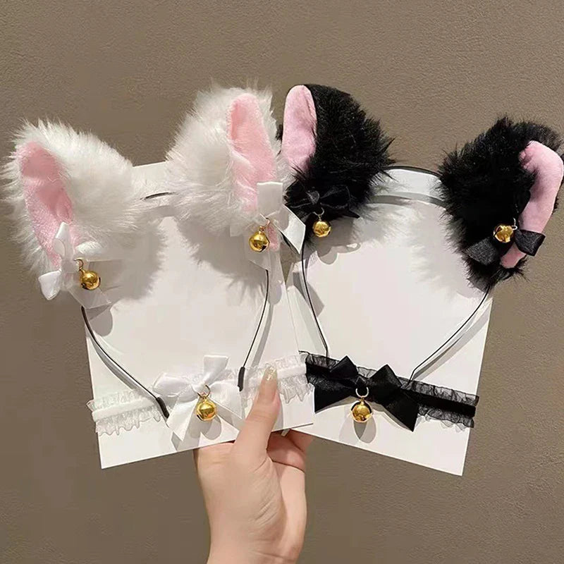 Girls Lace Bow Necklace Plush Bell Hairband Cosplay Masquerade-Party Costume Hair Accessories