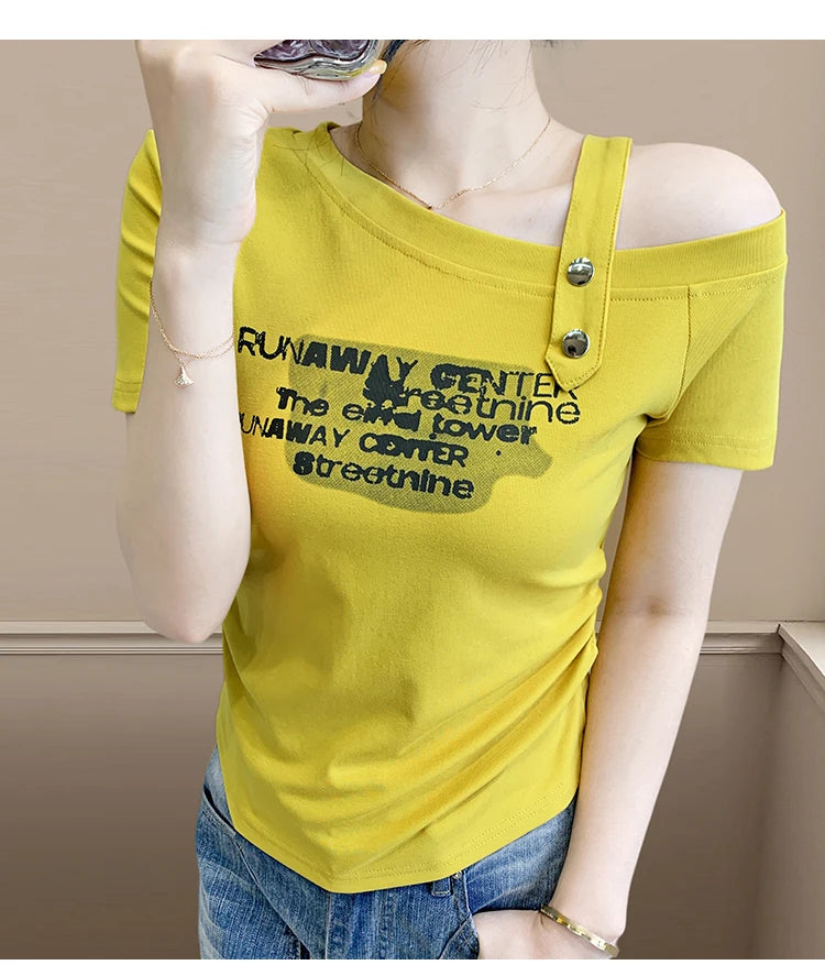 Sexy oulder Bared T irt Women's ort Sve Asymmetrical Collar Faionable Slimming Top Korean Sle Cotton Blend Summe...