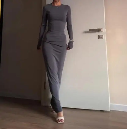 Womens Dresses 2025 Spring Autumn New Fashion Sexy Skinny Hip Hugging Comfortable Solid Color Casual Round Neck Long Dress