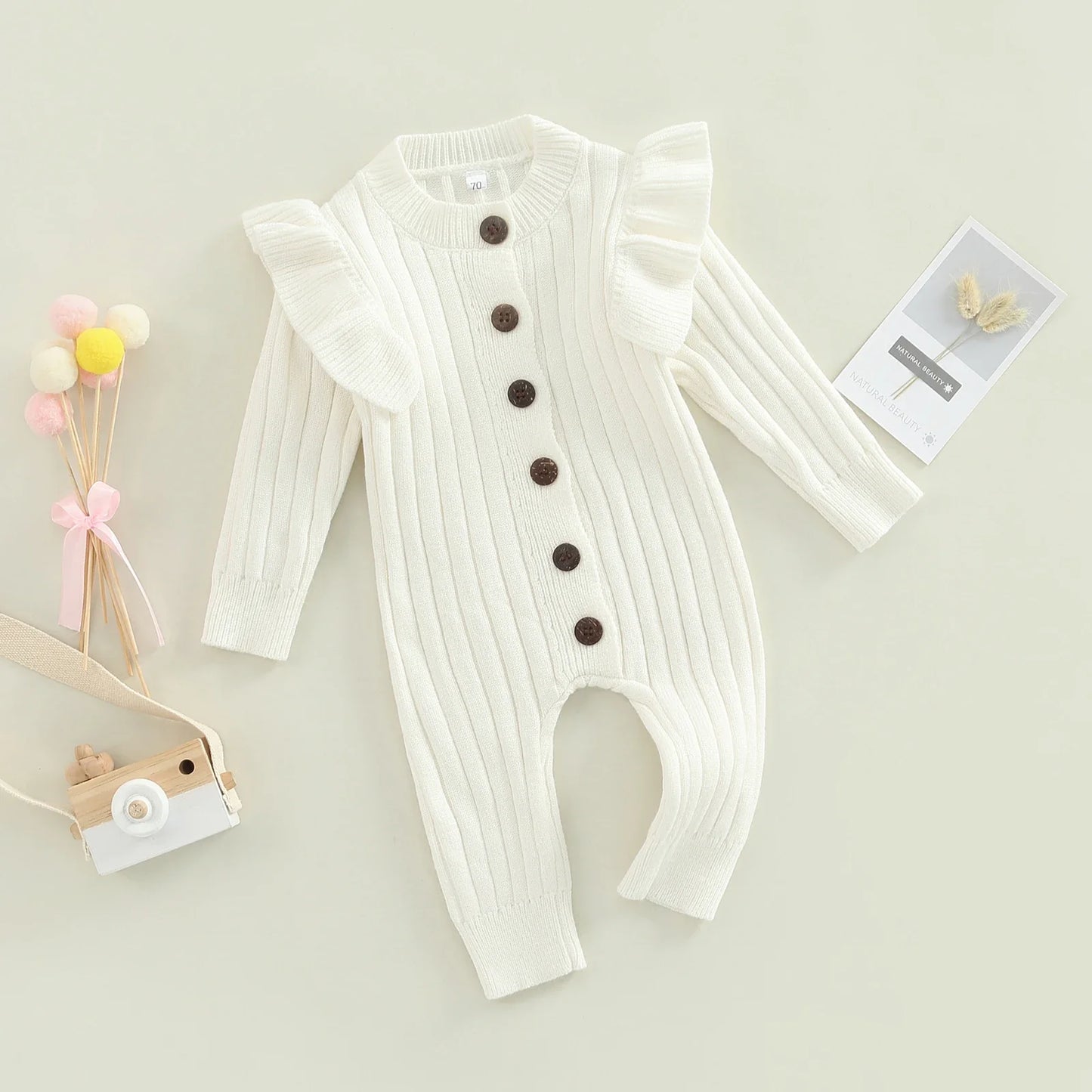 New  Winter Baby Girl’s Knitted Long Sleeve Sweater Jumpsuit Fashion Solid Color Round Neck Ruffles Button Warm Romper Outfits (Available)