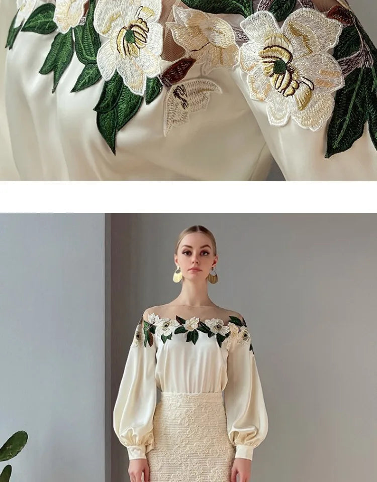 Embroidered Heavy Work Satin Patchwork irt Women's Sle Spring New Arrival Long Sve round Ne Fly Sve Lace Top