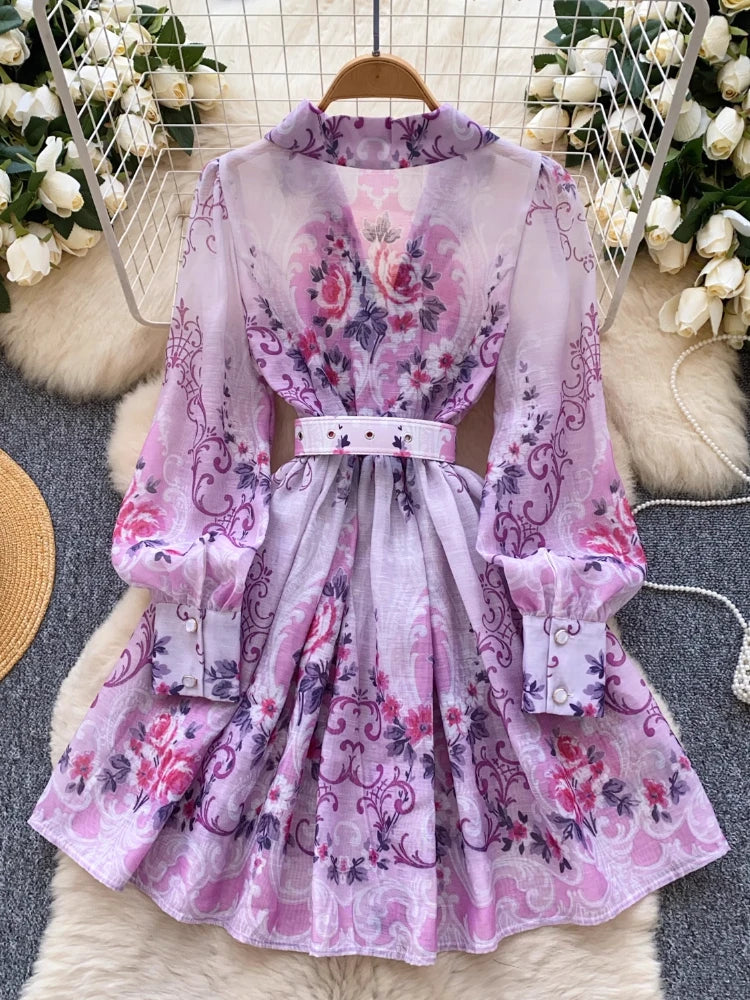 France Elegant Vintage Palace Evening Dress Women Sashes Button Print Short Party Dress Female Casual Chic Festival Clothing New