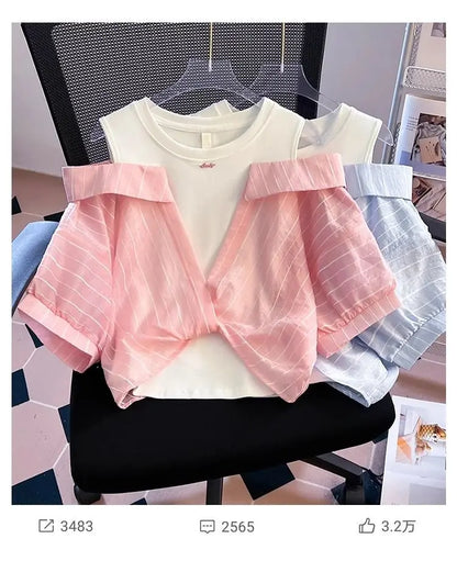Girls' Western style loose fitting shirt new children's off shoulder top T-shirt fake two-piece top