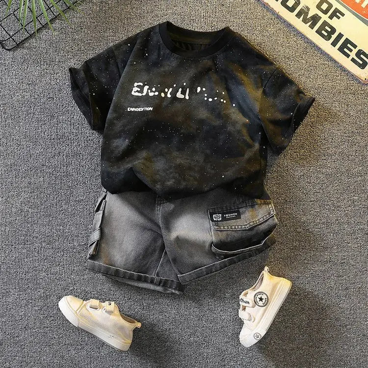 New Boys Sleeveless Vest Denim Shorts 2PC Sets Outdoor Festival Clothing Vintage Print Kids Miracle Design 2-10 Years White Tops