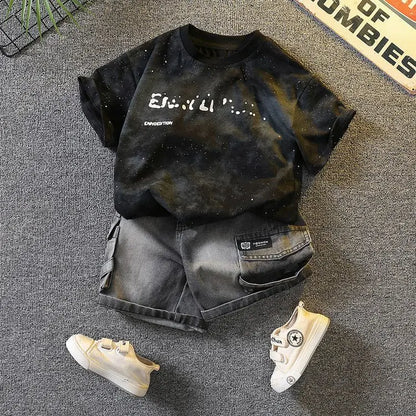 New Boys Sleeveless Vest Denim Shorts 2PC Sets Outdoor Festival Clothing Vintage Print Kids Miracle Design 2-10 Years White Tops