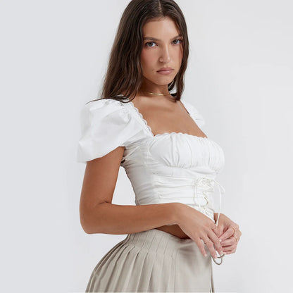Mingmingxi Short Sleeve Cropped Top Women Fashion White Square Neck Tops Preppy Style Cotton Lace Up Blouse Women Clothing