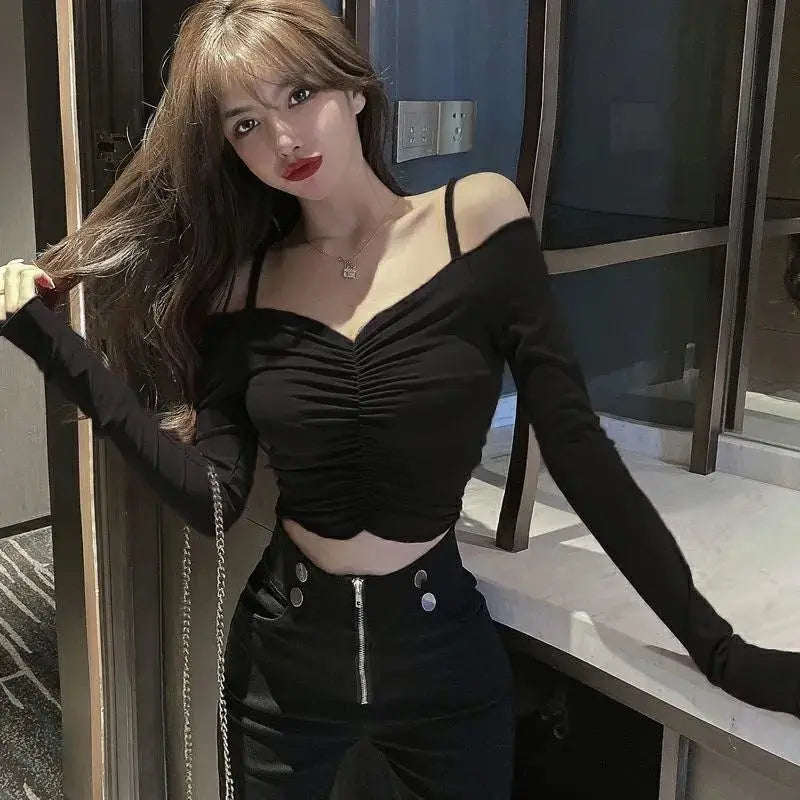 Slash Neck T-Shirts Women Sexy Lady New Design Solid Shirring All-match Футболка Женский Summer Slim Cozy Ins Chic Korean Trendy