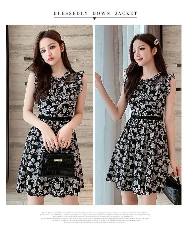 Neck Gauze Mesh Slim Sleeveless Floral Dress Women's New Style Spliced round