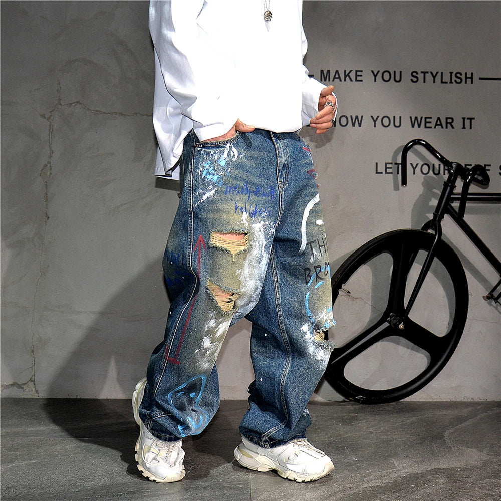 High End Men'S Clothing Hip Hop Graffiti Baggy Jeans For Men Streetwear Skateboard Ripped Jeans Korean Trendy Denim Trousers  ( Available )
