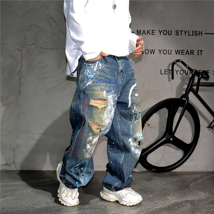 High End Men'S Clothing Hip Hop Graffiti Baggy Jeans For Men Streetwear Skateboard Ripped Jeans Korean Trendy Denim Trousers  ( Available )