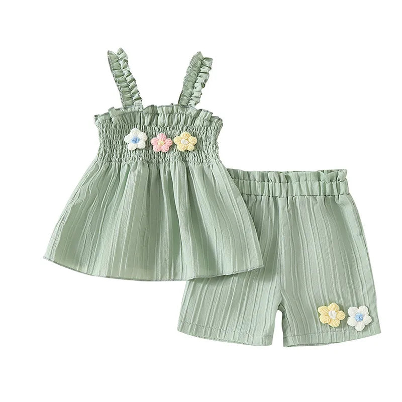 0-4years Baby Girl Summer Outfit 3D Flower Design Ruffled Trim Smocked Sleeveless Tops and Shorts 2 Pcs Set for Toddler girls