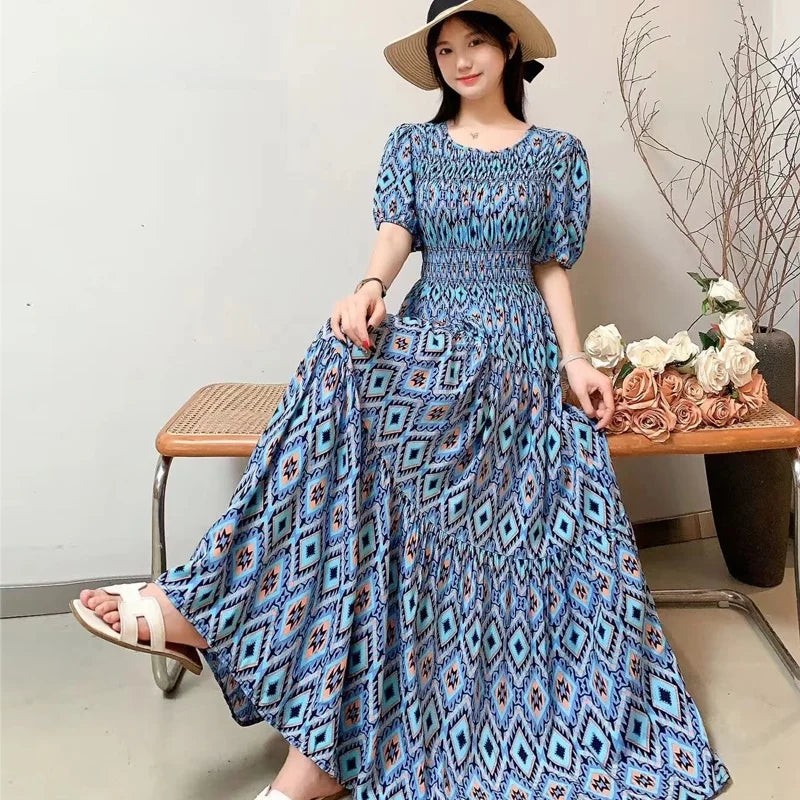 Summer New Cotton Silk Dr Casual High Waist Floral Print Beachwear Outerwear Slimming Waist Long Skirt A-Line Gown