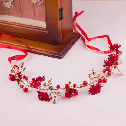 Artificial Flower Hairband Wedding Tiaras For Women Red Floral Pearl Headband Elegant Girls Hair Hoop Bridal Headwear Jewelry